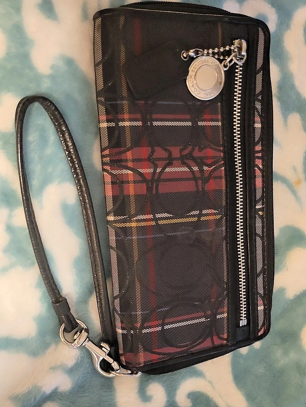 Coach Poppy Tartan Plaid Zip Around Wristlet Wallet in Black & Red